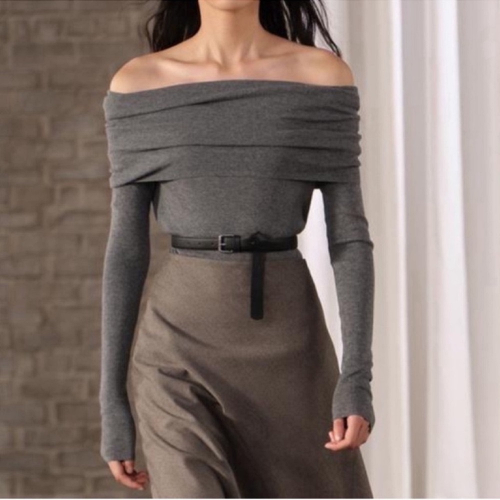 Zara Charcoal Grey Off-the-Shoulder Foldover Knit Top
